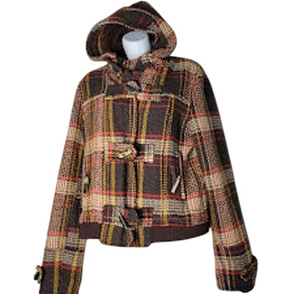 BKE Plaid Wool Toggle Coat Jacket M Hooded Brown Red Yellow Check Y2K Retro - Picture 1 of 7